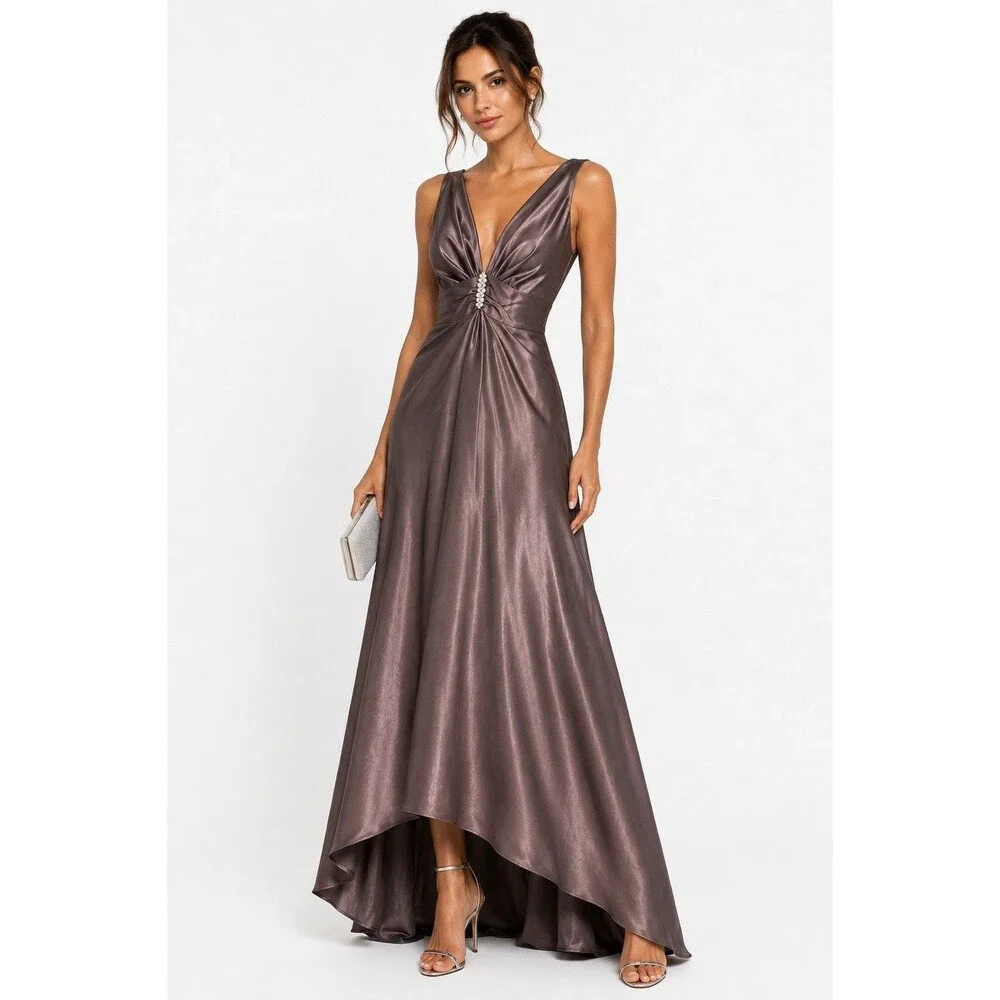 Night Way Womens Satin Maxi Gown Dress NWT Charcoal Grey V-Neck Size 12